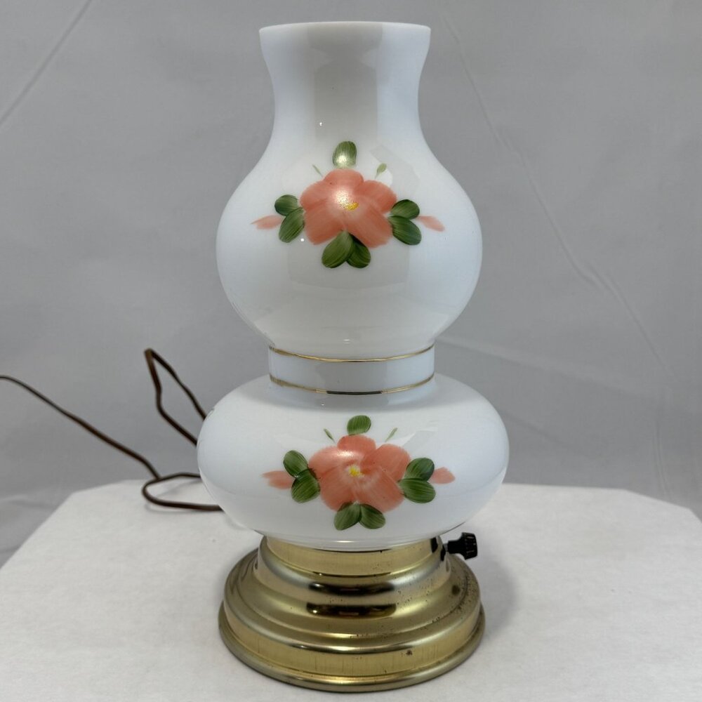 Vintage Milk Glass Hurricane Lamp Hand-Painted Floral Design Electric 10.5" Tall